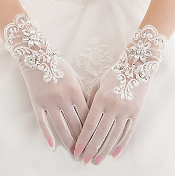 Short White Tulle Bridal Gloves