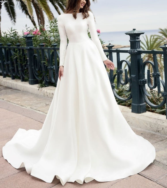 Vintage Soft Satin Long Sleeve Wedding Dress